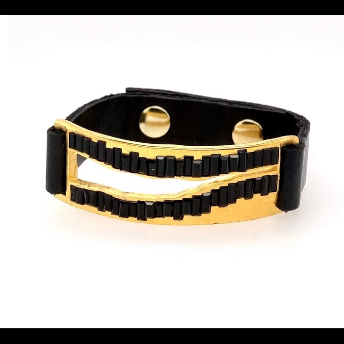 Black Leather With Black Crystal Bracelet